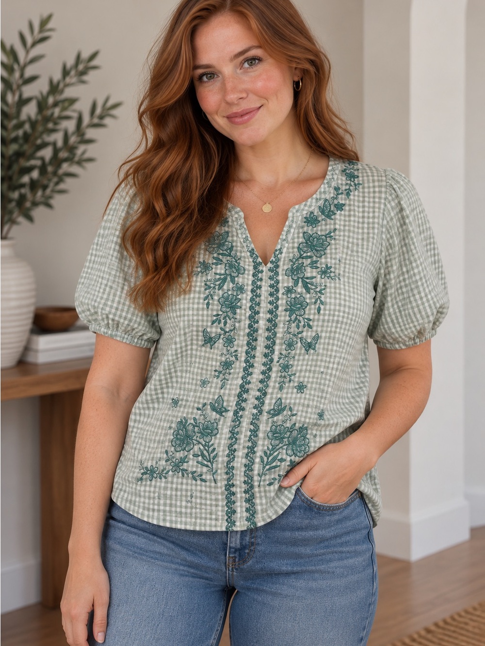 Savanna Jane Green Gingham Embroidered Floral Blouse Size Medium